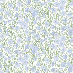 Linen seed and Flax flower on thin stem hand drawn sketch pattern. Pastel colors 