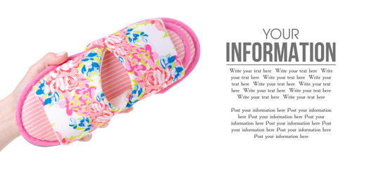Female pink slippers in hand on white background isolation, copy space