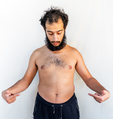 Muslim arabic man topless with fuzzy hair and beard