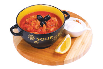 hodgepodge soup meat red soup on the wood table