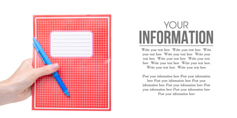 School exercise book notebook with pen in hand education on white background isolation, copy space