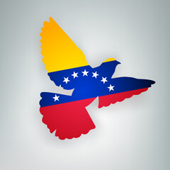 State flag of Venezuela (Bolivarian Republic of Venezuela) in the shape of a bird. Flying dove flaps its wings on a gray background. Symbol of love and peace vector concept. Holyday design banner