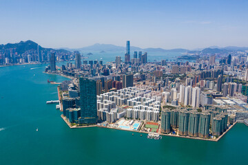 Drone fly over Hong Kong city