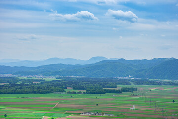 Fototapeta premium Slovenian countryside in spring with charming little church in the middle of a field and Julian Alps in the background