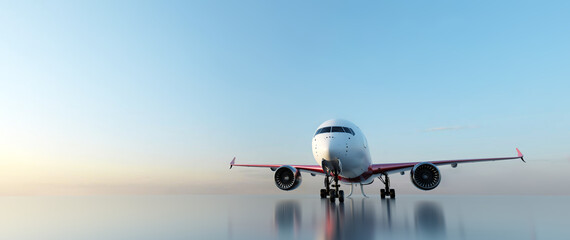 Airplane on runway at sunset. Passenger aircraft, commercial airline.