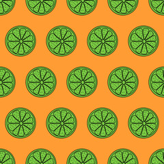 Seamless pattern. Sliced pieces of citrus fruit. The colorful backdrop of tropical fruit. Vector illustration. Great for modern creative designs of backgrounds, cards, print, packing, textile, wrap.