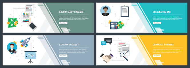 Internet banner set of accountancy, tax and startup icons.