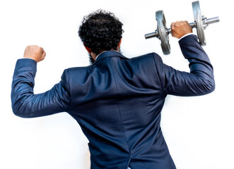 Fototapeta na wymiar Strong muslim man holding weights while wearing tuxedo