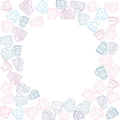 Cups. Frame, blue, pink cups. White background. Design for postcards, cover, background, wallpaper.