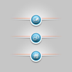 Three web round button positions for website or app with icon. Isolated bell sign button with border, reflection and shadow on background.