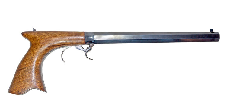 Muzzleloading blackpowder gun on a white background. It is a "Underhammer".