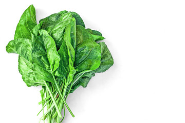 Fresh organic Swiss Silverbeet chard or spinach leaves with drops of water on white background. Healthy eating concept. Top view. Copy space