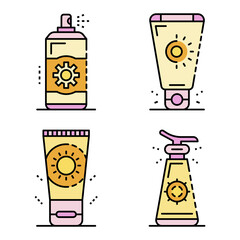 Sunscreen icon set. Outline set of sunscreen vector icons thin line color flat isolated on white