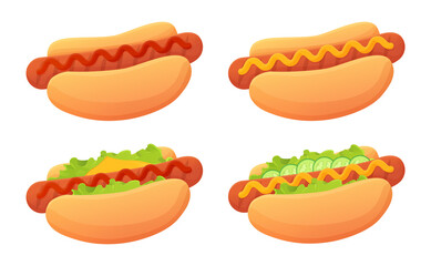 Cartoon Hot dog set. Bun,sausag, ketchup, mustard sause, garnish such as cheese, lettuce. Street food, unhealthy junk food concept. Stock vector illustration isolated on white in flat cartoon style.