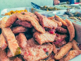 Vegetarian soy meat in asia vegan cafe. Healthy eating, caring for animals. Vegetarian food can be delicious for everybody