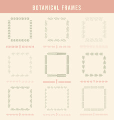 Set of 9 simple, hand drawn botanical frames. Decorative outline elements. Vector floral squares and lines in minimalist style. Elegant nature wreaths with leaves. For weedding, invitation, etc
