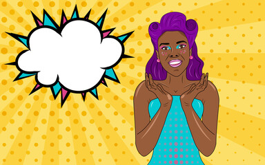 Happy smiling pop art pin up selling black woman with pink purple hair, dotted yellow background with speech bubble