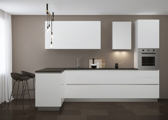 Fototapeta na wymiar Interior with a white modern kitchen and a breakfast bar. 3D rendering.