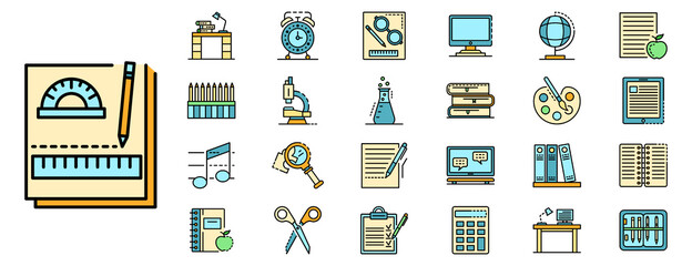 Homework icon set. Outline set of homework vector icons thin line color flat isolated on white