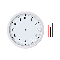 White blank round clock face with hour, minute and second hands isolated. Vector illustration