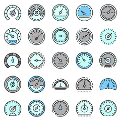 Speedometer icon set. Outline set of speedometer vector icons thin line color flat isolated on white