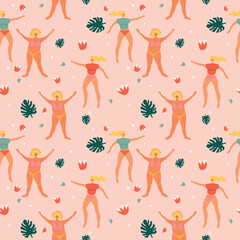 Seamless pattern with two women wearing swimwear. Body positive female character. Owerweight characters.