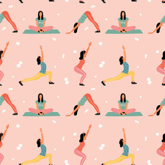 Seamless pattern with woman doing yoga at home. Illustration with different yoga pose.