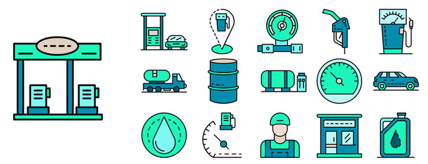 Petrol station icon set. Outline set of petrol station vector icons thin line color flat isolated on white