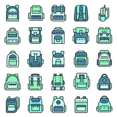 Backpack icon set. Outline set of backpack vector icons thin line color flat isolated on white