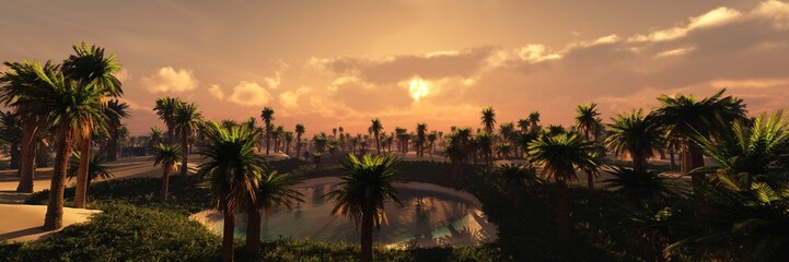 Fototapeta na wymiar Palm grove in the sand desert at sunset, 3D rendering
