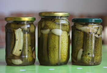 Cucumbers in the jars, pickled vegetables