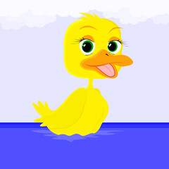 duck in the water.Cute cartoon duck swims in the water.Light blue background with clouds.Vector illustration for children