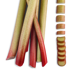 Bundle of thick reddish stalks of rhubarb (rheum rhaponticum) without leaves and cut pieces isolated on white background. Top view.