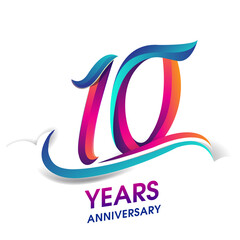 10th anniversary celebration logotype blue and red colored, isolated on white background.