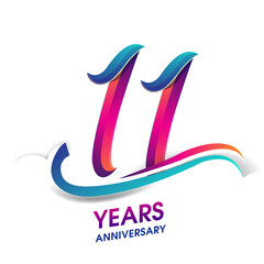 11th anniversary celebration logotype blue and red colored, isolated on white background.