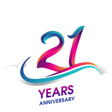 21st anniversary celebration logotype blue and red colored, isolated on white background.