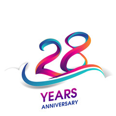 28th anniversary celebration logotype blue and red colored, isolated on white background.