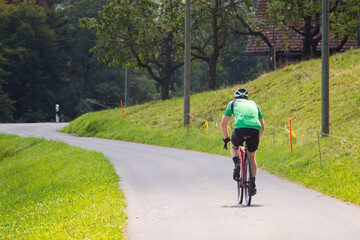 Fototapeta premium Back shot of unrecognizable cyclist riding bike along road in park alone at a daytime. Stylish male biker in black sport shorts and green T-Shirt cycling on path with trees and house on a background