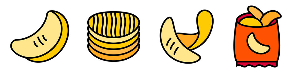 Chips potato icons set. Outline set of chips potato vector icons thin line color flat isolated on white