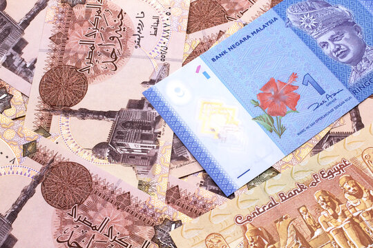 A close up image of a blue one Malaysian ringgit bank note on a bed of Egyptian one pound bank notes close up in macro