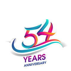 54th anniversary celebration logotype blue and red colored, isolated on white background.