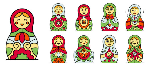 Nesting doll icons set. Outline set of nesting doll vector icons thin line color flat isolated on white