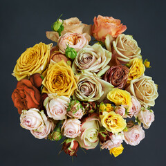Bouquet of beautiful rose flowers. Top view on a dark background. Floral design element for greeting card.