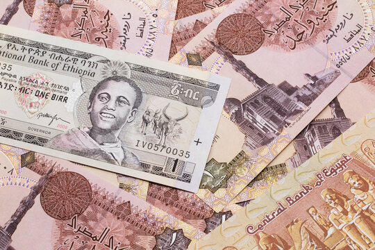 A close up image of a one Ethiopian birr bank note on a background of Egyptian one pound bank notes