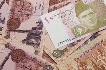 A close up image of a gray and pink ten Pakistani rupee bank note with Egyptian one pound bank notes in macro