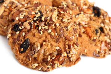 Multi seed cookies. Isolated on white background. Macro.