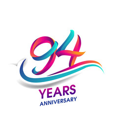 94th anniversary celebration logotype blue and red colored, isolated on white background.