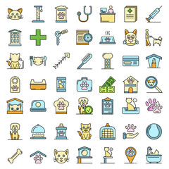 Pets hotel icons set. Outline set of pets hotel vector icons thin line color flat isolated on white