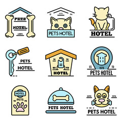 Pets hotel icons set. Outline set of pets hotel vector icons thin line color flat isolated on white