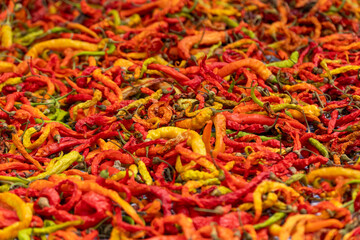 Fototapeta premium Red pepper vegetables stacked on a surface as background.